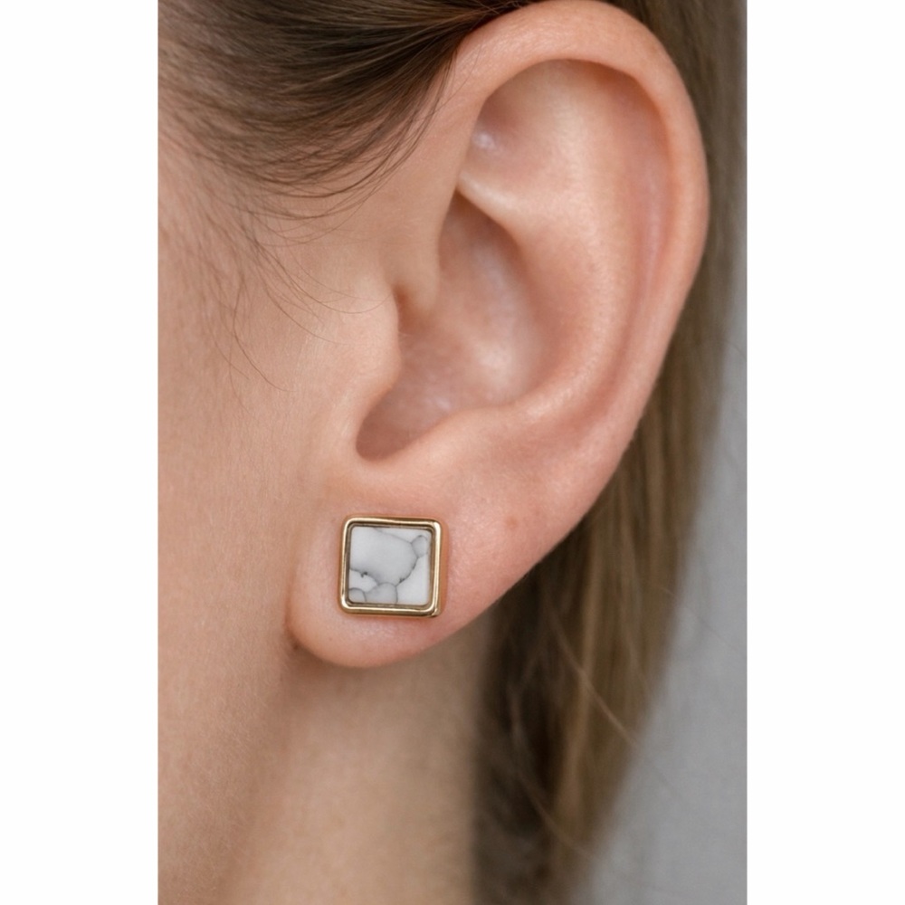 (NWOT) EMO EGO • Small White Marble Square Stud Earrings with Gold Trim